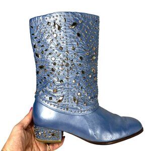 Vintage Unique Fantasy Collection Blue Leather Western Boots 8.5 Embellished